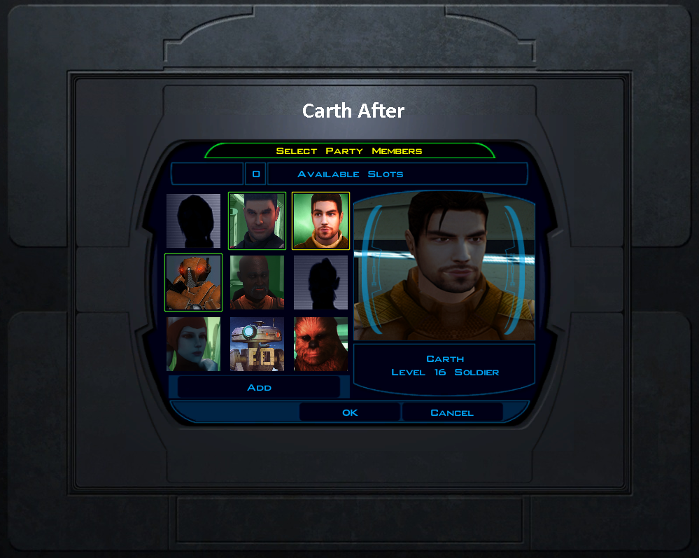 K1 Fenharel Style Character Select Screen Portraits for Carth, HK, and T3